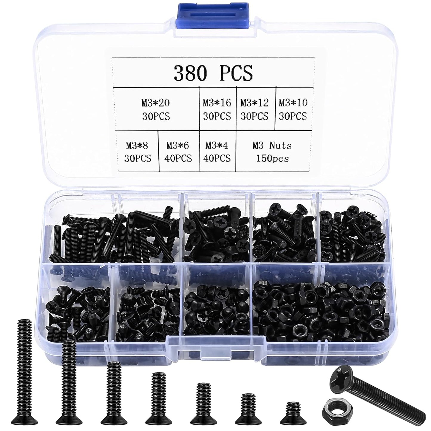 M3 Flat Head Machine Screws and Hex Nuts Kit, 380 Pcs Black Countersunk Head Phillips Screws Bolts Nuts Assortment Kit - M3 X 4Mm/ 6Mm/ 8Mm/ 10Mm/ 12Mm/ 16Mm/ 20Mm