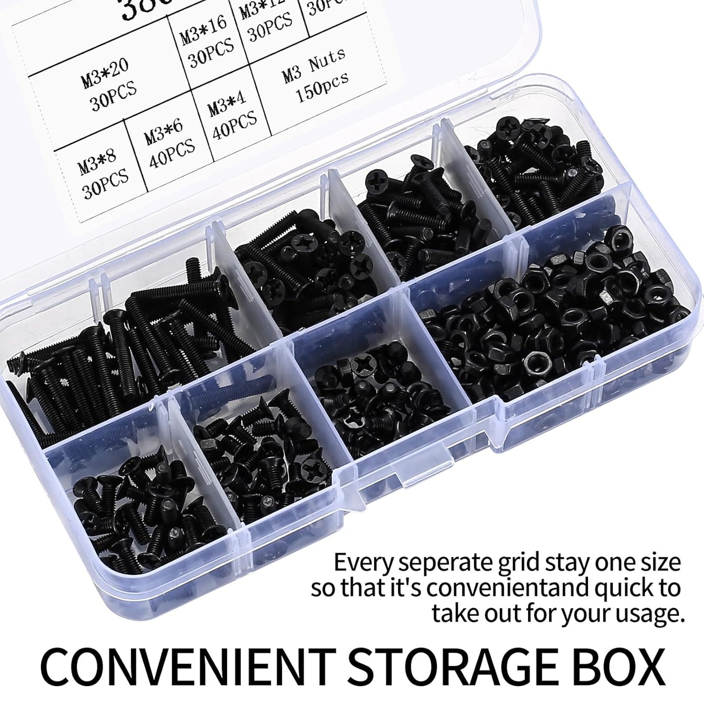 M3 Flat Head Machine Screws and Hex Nuts Kit, 380 Pcs Black Countersunk Head Phillips Screws Bolts Nuts Assortment Kit - M3 X 4Mm/ 6Mm/ 8Mm/ 10Mm/ 12Mm/ 16Mm/ 20Mm