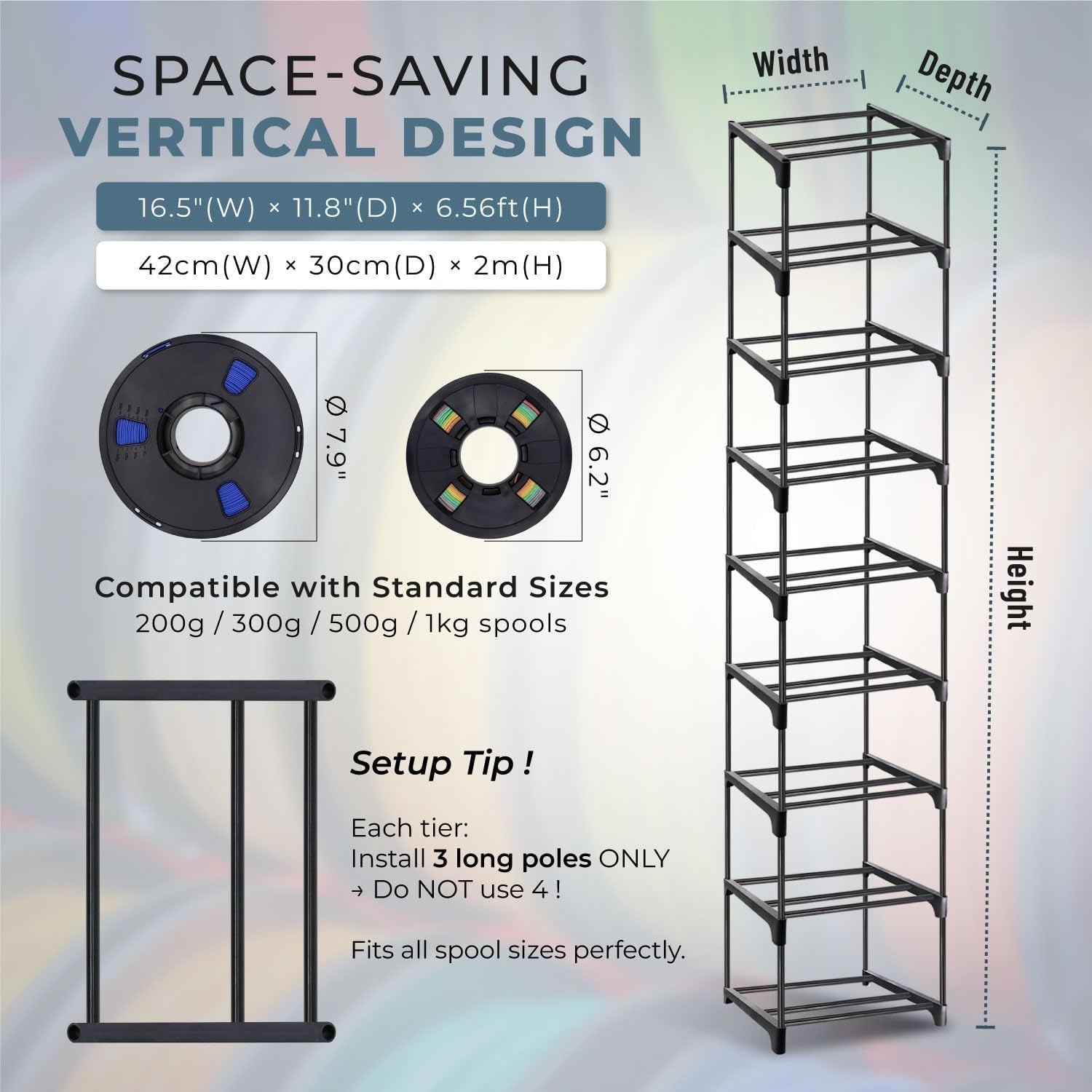 9-Tier 3D Printer Filament Spool Storage Rack with Anti-Tip Kit, Stand Organizer Can Store up to 54 Rolls for 3D Printer Lovers