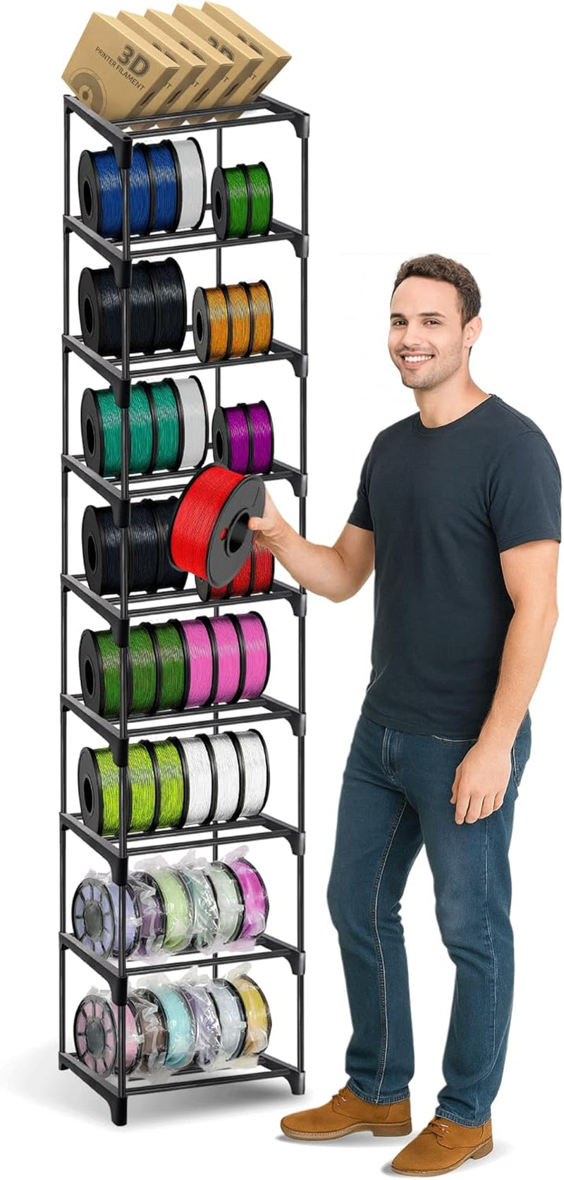 9-Tier 3D Printer Filament Spool Storage Rack with Anti-Tip Kit, Stand Organizer Can Store up to 54 Rolls for 3D Printer Lovers