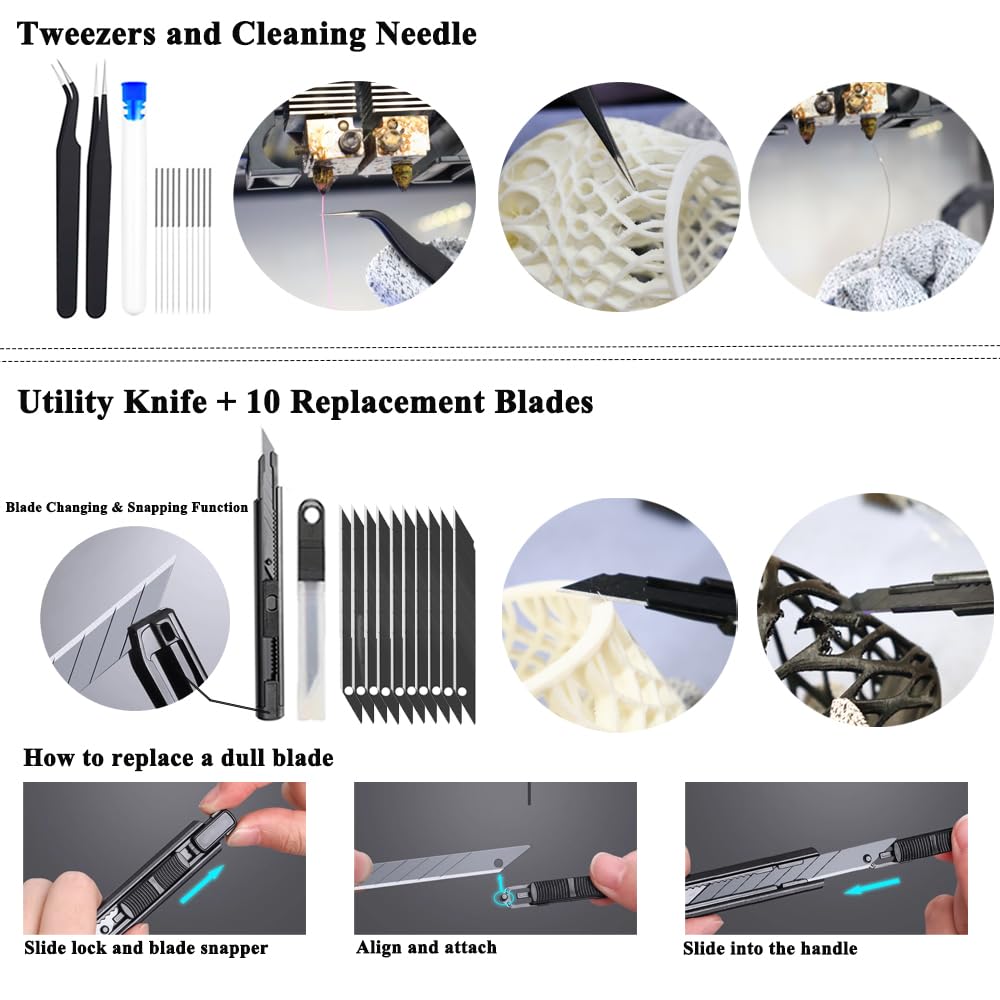62PCS 3D Printer Tool Kit, 3D Post-Processing Accessories with Hand Drill, Deburring Tool, Cutter, Needle Files, Scrapers, Brushes, Tweezers, and Nozzle Cleaning