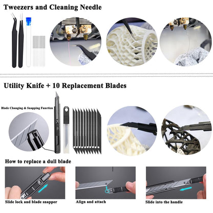 62PCS 3D Printer Tool Kit, 3D Post-Processing Accessories with Hand Drill, Deburring Tool, Cutter, Needle Files, Scrapers, Brushes, Tweezers, and Nozzle Cleaning