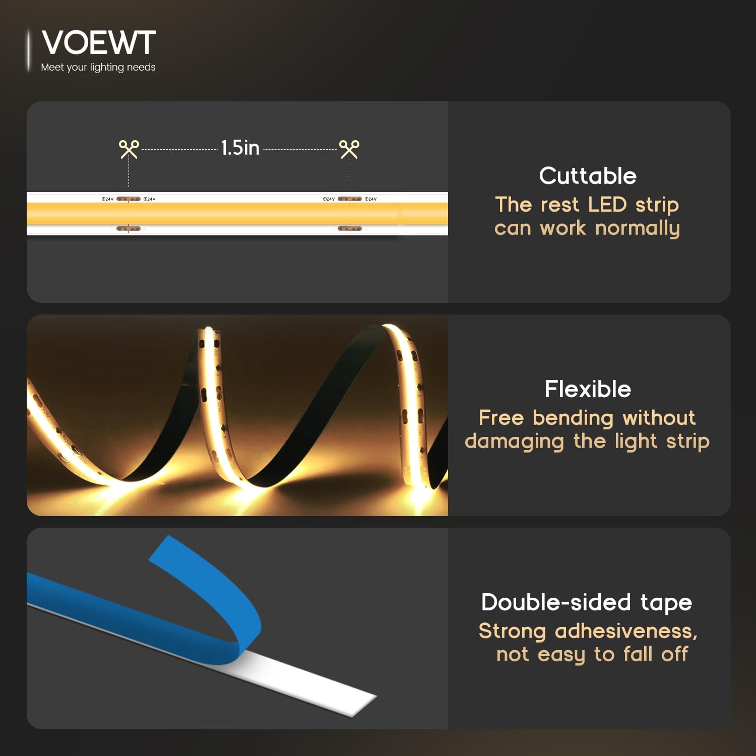 COB LED Strip Lights Daylight White 6000K,16.4Ft 24V High CRI 95Ra+ Super Bright,Flexible Tape Lights for Bedroom,Mirror,Kitchen Cabinet, Living Room(Power Supply Not Included)