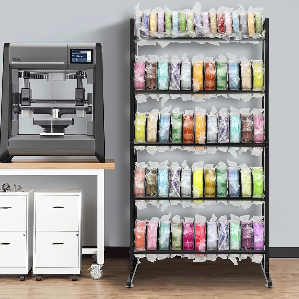 5-Tier Filament Spool Holder with Filament Storage Bags and Pump Heavy Duty Metal Shelf Organizer for 3D Printing Studios