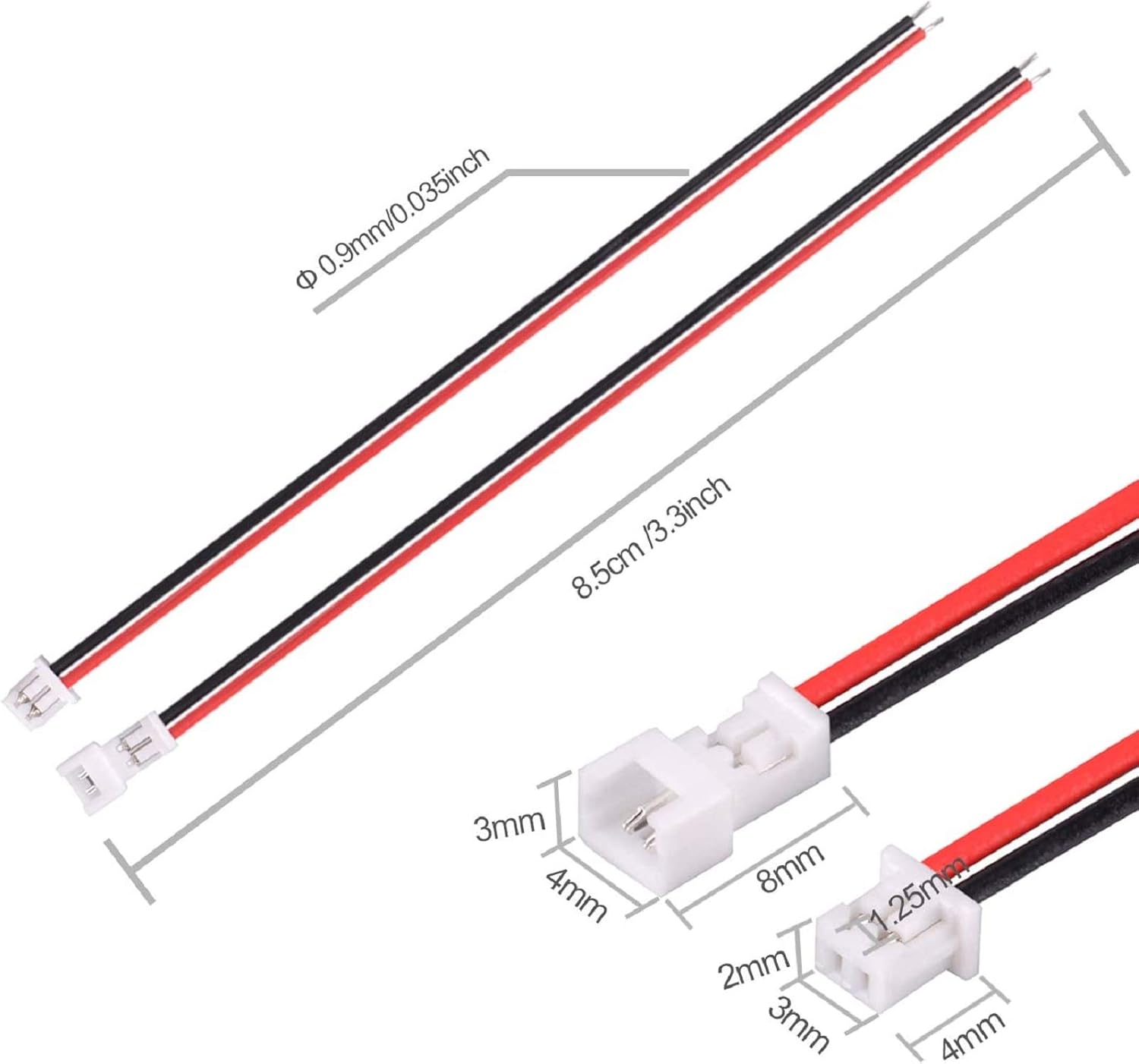  30 Pairs JST 1.25 mm 2 Pin Micro Male/Female Connector Plugs with Red Black Wire 80 mm
