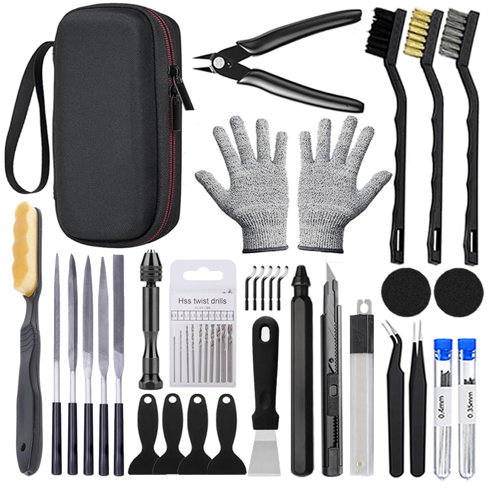 62PCS 3D Printer Tool Kit, 3D Post-Processing Accessories with Hand Drill, Deburring Tool, Cutter, Needle Files, Scrapers, Brushes, Tweezers, and Nozzle Cleaning