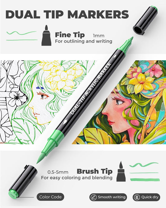 72 Colors Acrylic Paint Markers Set with Canvas Bag, Dual Tips with Brush Tip & Fine Tip, No-Bleed, Waterproof, Non-Toxic & Odorless Paint Pens for Rock, Egg, Wood, Fabric, Glass, Ceramic, DIY