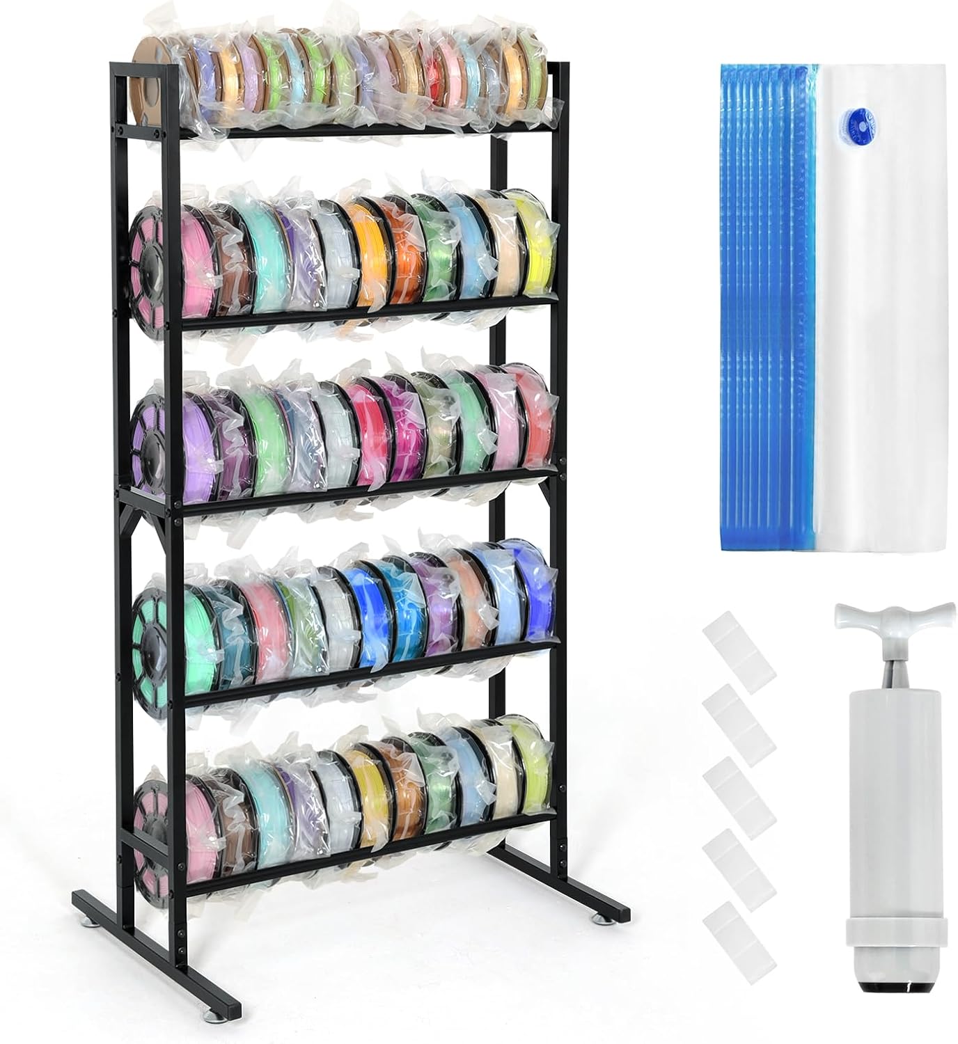 5-Tier Filament Spool Holder with Filament Storage Bags and Pump Heavy Duty Metal Shelf Organizer for 3D Printing Studios