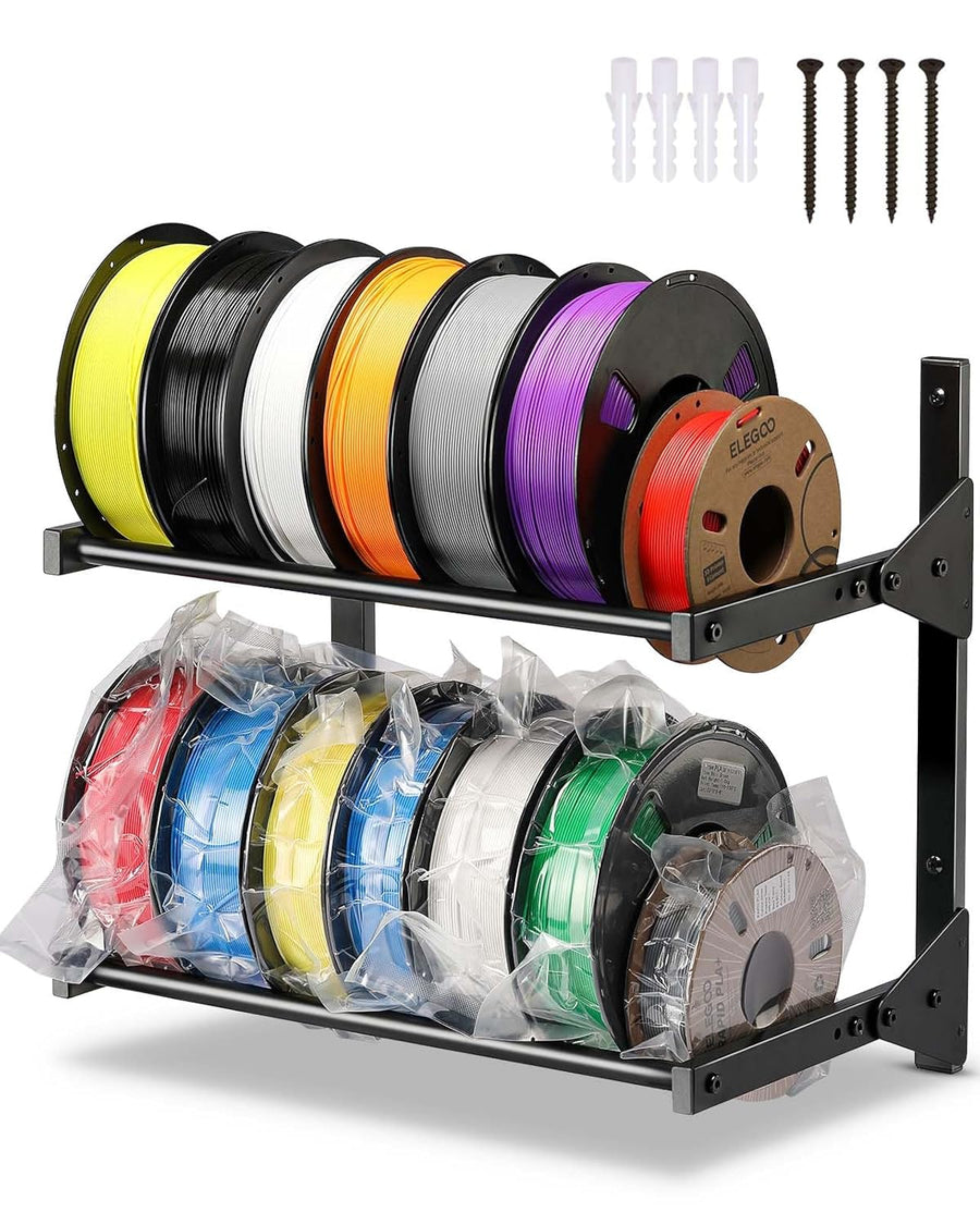 Wall Mount 2 Tier 3D Printer Filament Storage Rack-- Heavy Duty Metal Shelf for PLA/ABS/TPU, Filaments Organzied (Black/White)