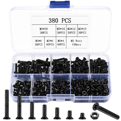M3 Flat Head Machine Screws and Hex Nuts Kit, 380 Pcs Black Countersunk Head Phillips Screws Bolts Nuts Assortment Kit - M3 X 4Mm/ 6Mm/ 8Mm/ 10Mm/ 12Mm/ 16Mm/ 20Mm