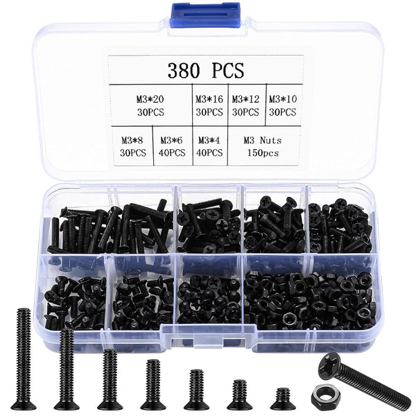 M3 Flat Head Machine Screws and Hex Nuts Kit Variety Lengths K2 PLUS Thumbscrew, 380 Pcs Black M3 X 4Mm/ 6Mm/ 8Mm/ 10Mm/ 12Mm/ 16Mm/ 20Mm