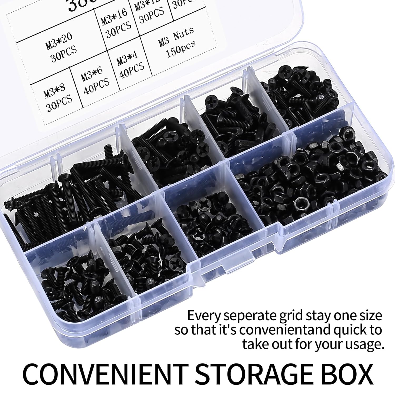 M3 Flat Head Machine Screws and Hex Nuts Kit, 380 Pcs Black Countersunk Head Phillips Screws Bolts Nuts Assortment Kit - M3 X 4Mm/ 6Mm/ 8Mm/ 10Mm/ 12Mm/ 16Mm/ 20Mm