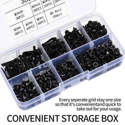 M3 Flat Head Machine Screws and Hex Nuts Kit, 380 Pcs Black Countersunk Head Phillips Screws Bolts Nuts Assortment Kit - M3 X 4Mm/ 6Mm/ 8Mm/ 10Mm/ 12Mm/ 16Mm/ 20Mm