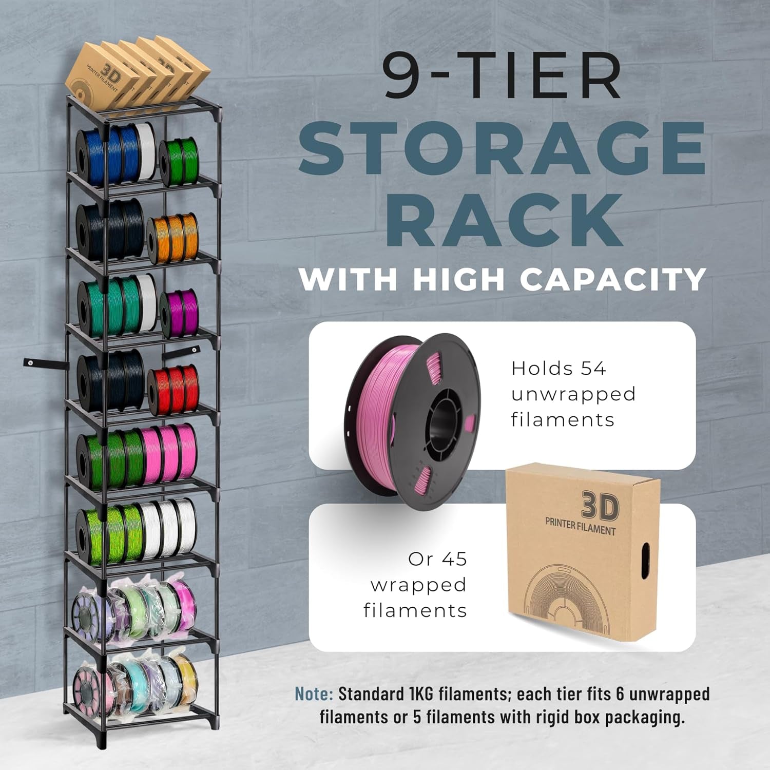 9-Tier 3D Printer Filament Spool Storage Rack with Anti-Tip Kit, Stand Organizer Can Store up to 54 Rolls for 3D Printer Lovers